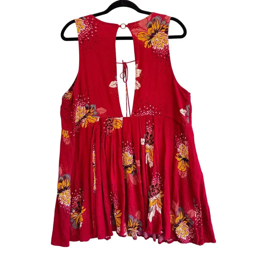 Free People Floral Sleeveless Dress M Red Yellow Boho Open Back Tie Festival